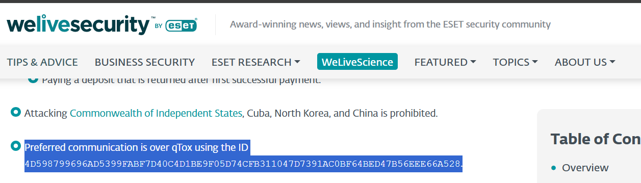 ESET WeLiveSecurity article showing text: "Preferred communication is over qTox using the ID 4D598799696AD5399FABF7D40C4D1BE9F05D74CFB311047D7391AC0BF64BED47B56EEE66A528" (highlighted in blue). Also visible: "Attacking Commonwealth of Independent States, Cuba, North Korea, and China is prohibited."